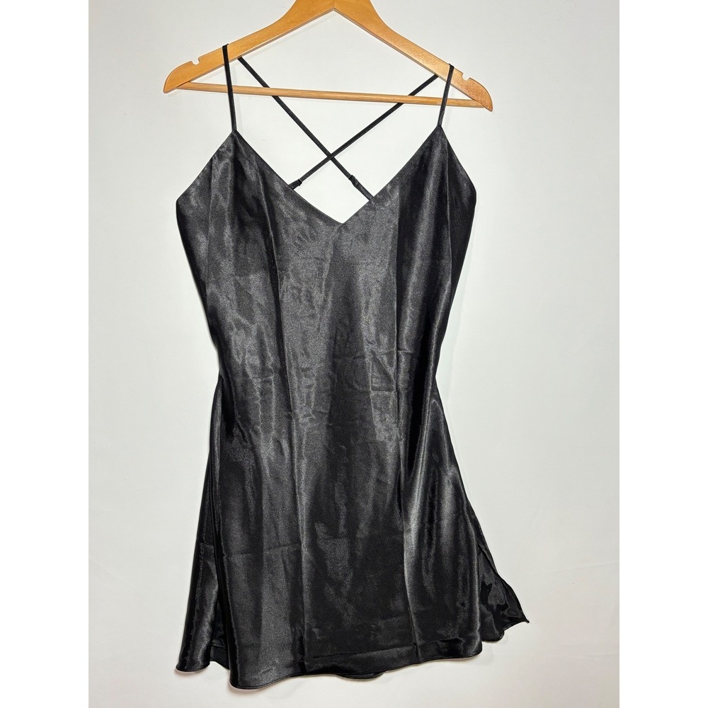 Victoria's Secret Slip Dress Womens M Black Satin Crisscross Open Back Mini